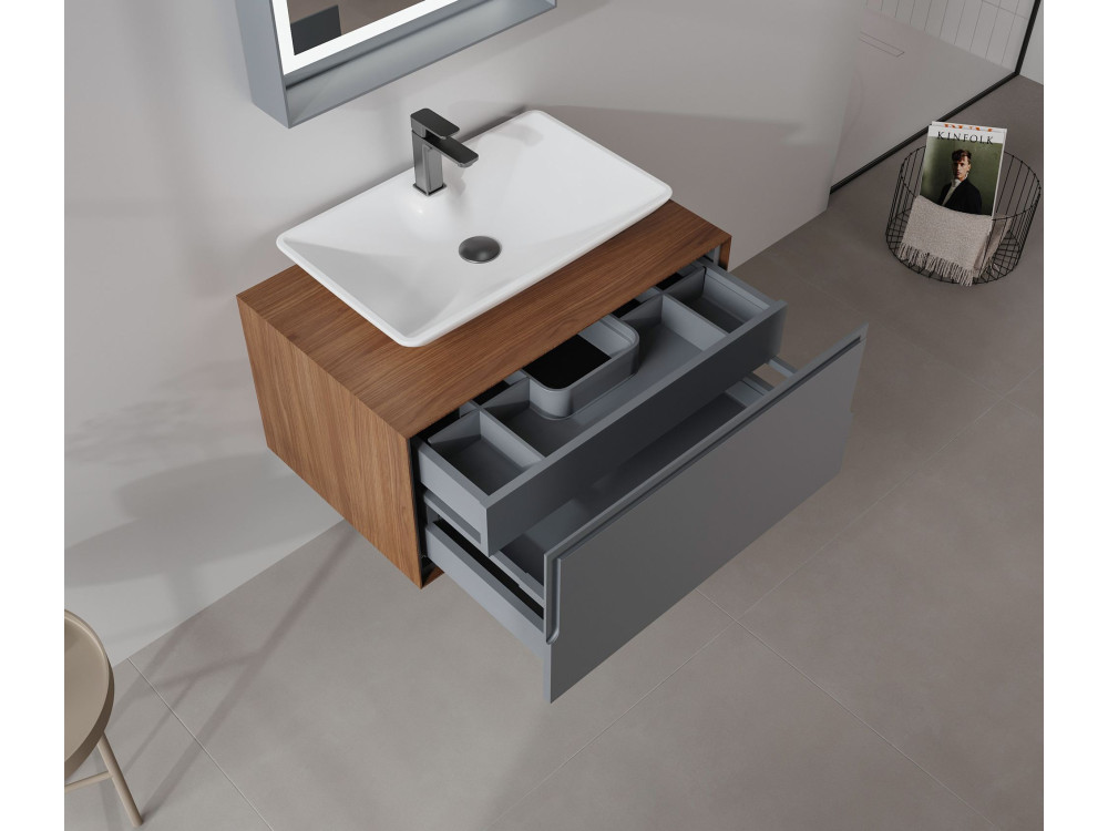 Wastafelmeubel met spiegel (2-delig) "Craft 80" - 60 x 50 x 40 cm - Walnoot / Antraciet / Wit