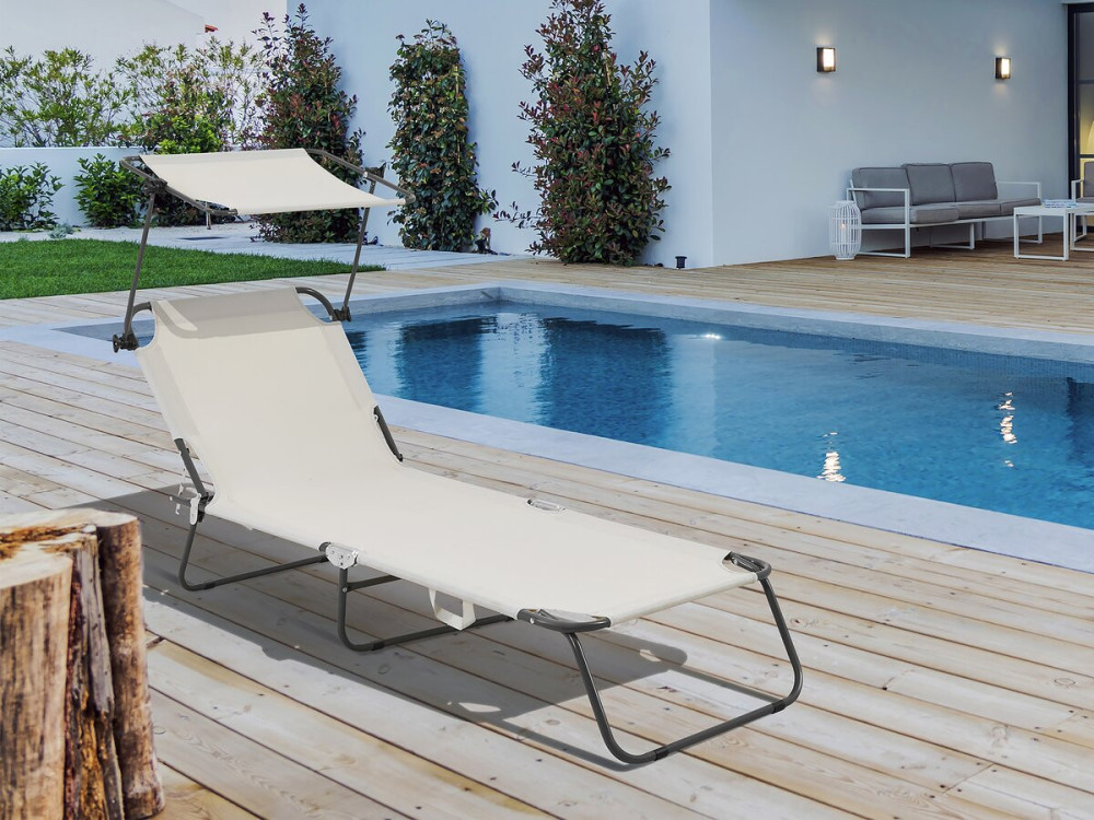 Ligbed ligstoel inklapbaar "Lazy" - Met zonnescherm luifel - Beige - lichtbruin