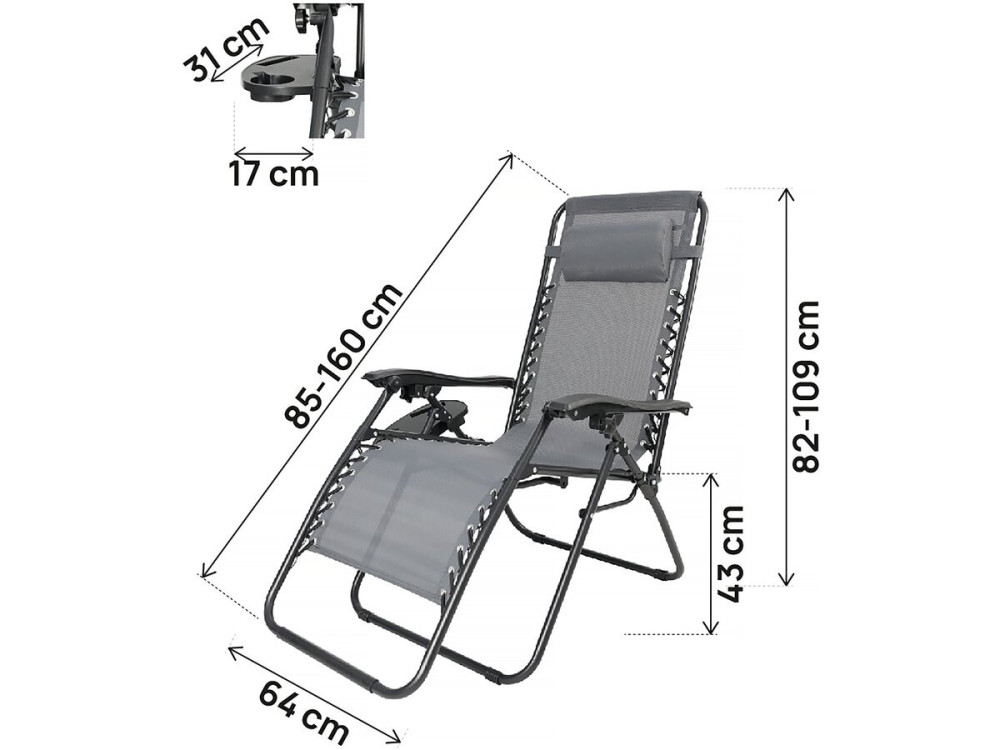 Tuinstoel relax stoel tuin verstelbaar zero gravity loungestoel "Sintra" - Grijs