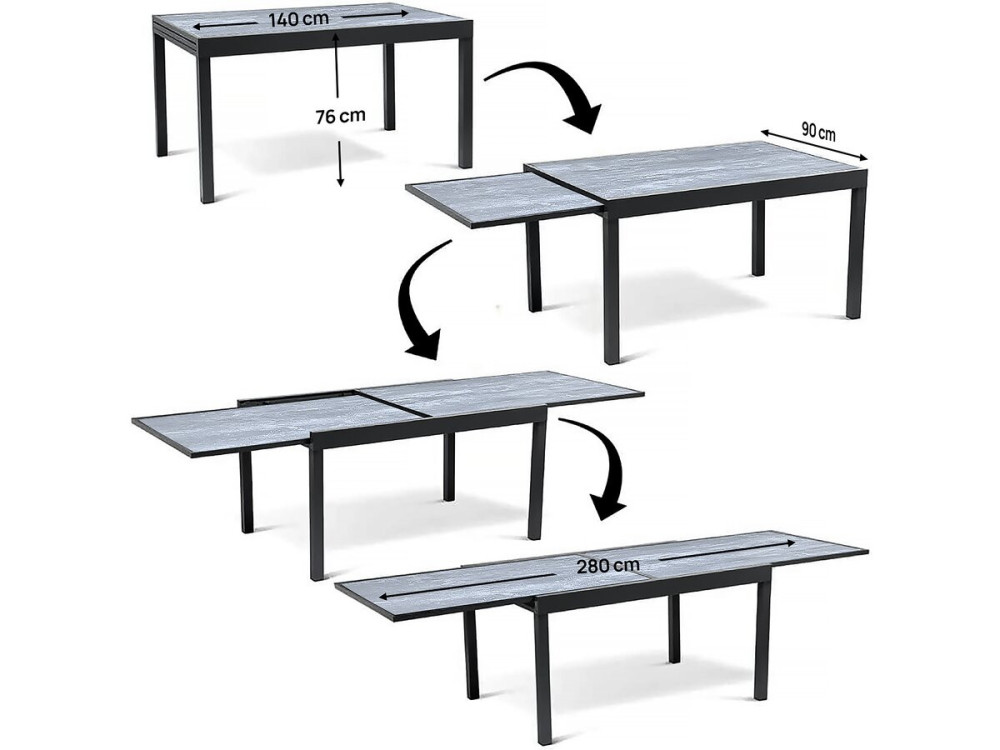 Tuintafel uitschuifbaar tafel outdoor aluminium "Lagos" - 140/280 x 90 x 76 cm - Grijs