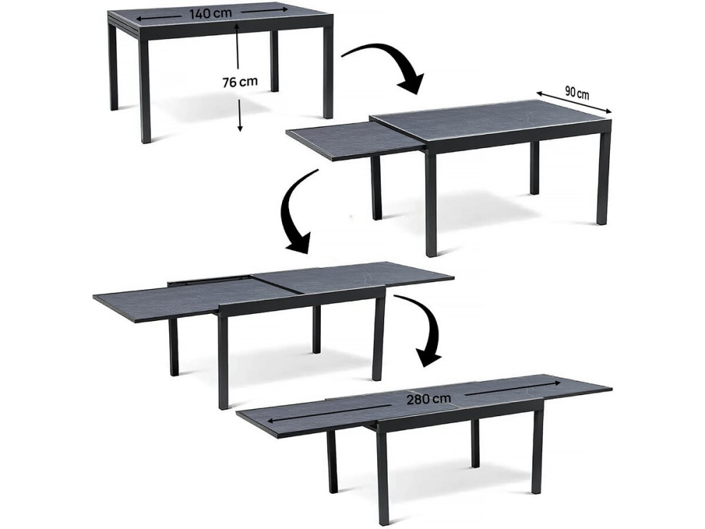 Tuintafel uitschuifbaar tafel outdoor aluminium "Lagos" - 140/280 x 90 x 76 cm - Zwart