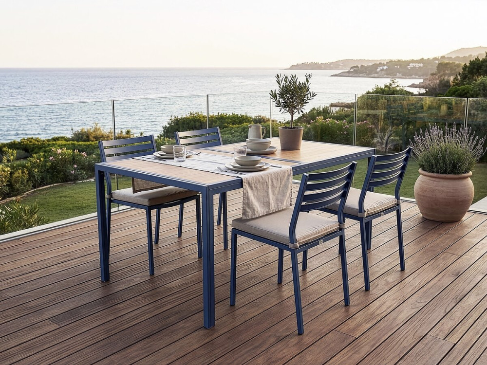 Tossa" imitatiehouten metalen tuintafel - 160 x 90 x 75 cm - Bruin