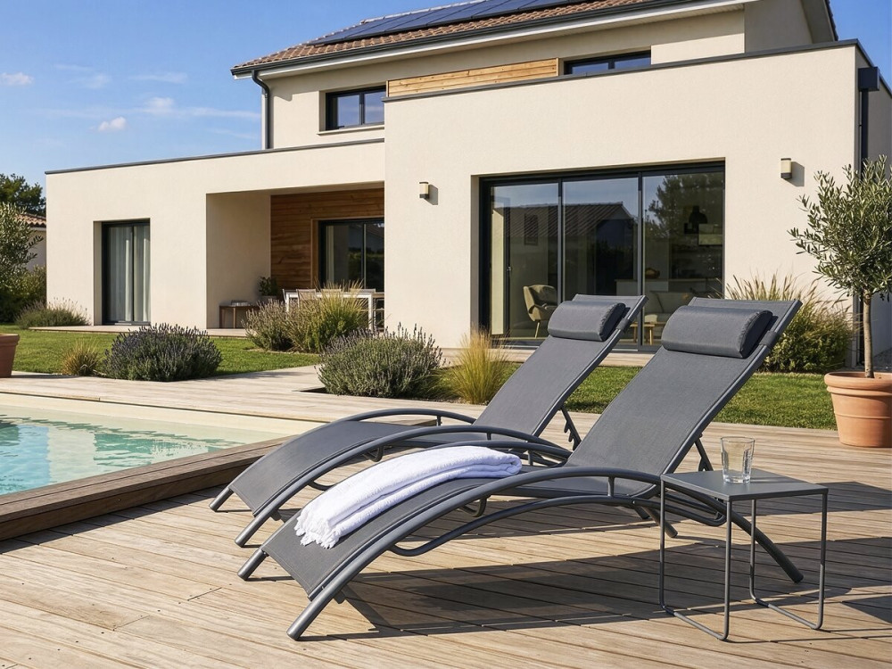 Ligbed ligstoel aluminium "Beauty" - Phoenix - Donkergrijs / Zilver - Set 2 stuks
