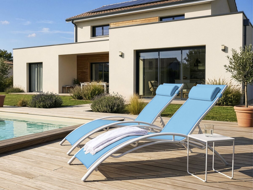 Ligbed ligstoel aluminium "Beauty" - Phoenix - Blauw - Set 2 stuks