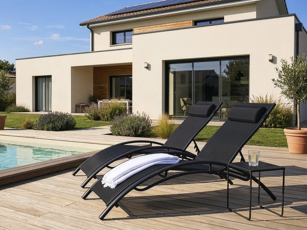 Ligstoelen set 2 ligbedden tuin aluminium Beauty "Phoenix" Zwart