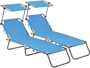 Ligbed set 2 ligstoelen inklapbaar "Lazy" - Met zonnescherm luifel - Blauw