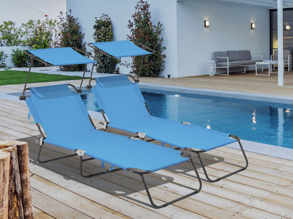 Ligbed set 2 ligstoelen inklapbaar "Lazy" - Met zonnescherm luifel - Blauw