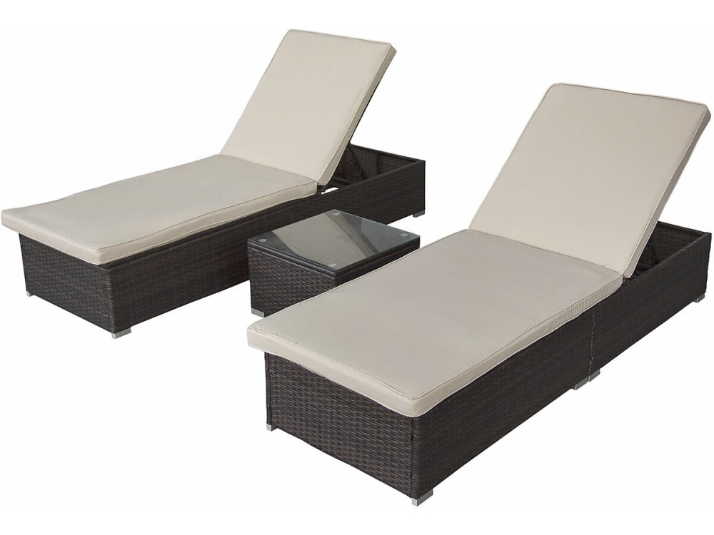 Set van 2 "Alice" ligstoelen van geweven hars met kussens en salontafel - Bruin