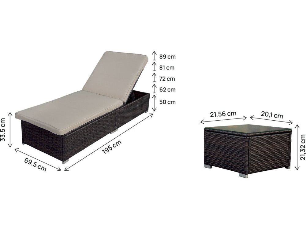Set van 2 "Alice" ligstoelen van geweven hars met kussens en salontafel - Bruin