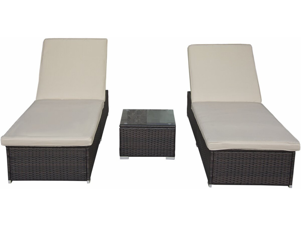 Set van 2 "Alice" ligstoelen van geweven hars met kussens en salontafel - Bruin