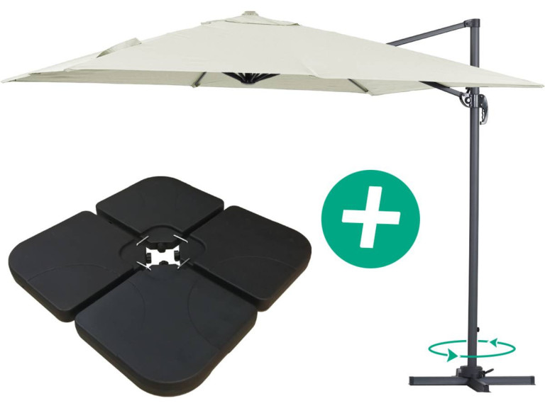 Parasol vrijhangend tuin zweefparasol Aluminium "Sun 3" - Vierkant - 3 x 3 m - Ecru - Inclusief parasolvoet tegel / parasoltegel