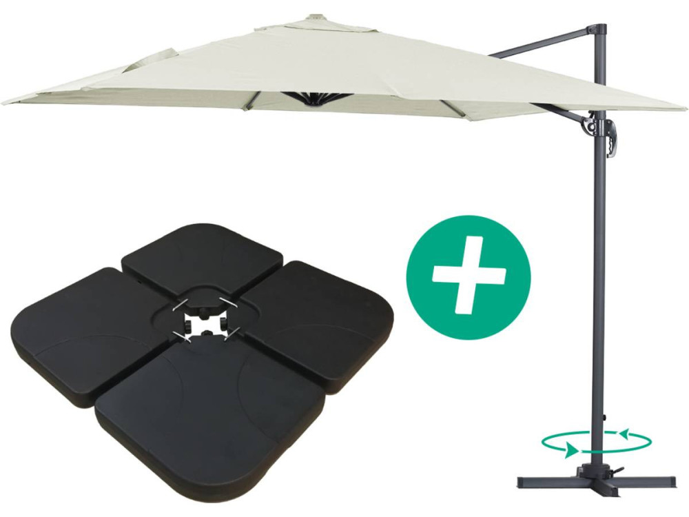 Parasol vrijhangend tuin zweefparasol Aluminium "Sun 3" - Vierkant - 3 x 3 m - Ecru - Inclusief parasolvoet tegel / parasoltegel