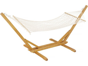 Houten hangmat met macramé stof "Dallas" - 305 x 120 x 123 cm - Wit