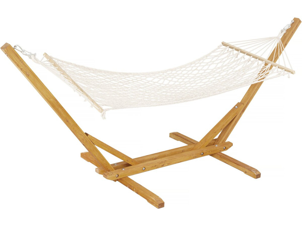Houten hangmat met macramé stof "Dallas" - 305 x 120 x 123 cm - Wit