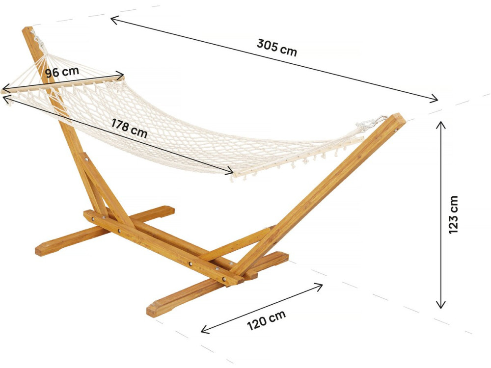 Houten hangmat met macramé stof "Dallas" - 305 x 120 x 123 cm - Wit