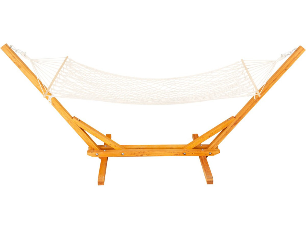 Houten hangmat met macramé stof "Dallas" - 305 x 120 x 123 cm - Wit