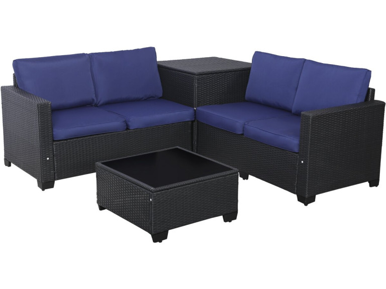 Riley" geweven tuinmeubelset van hars met opbergbox - 4 zits - Donkerblauw