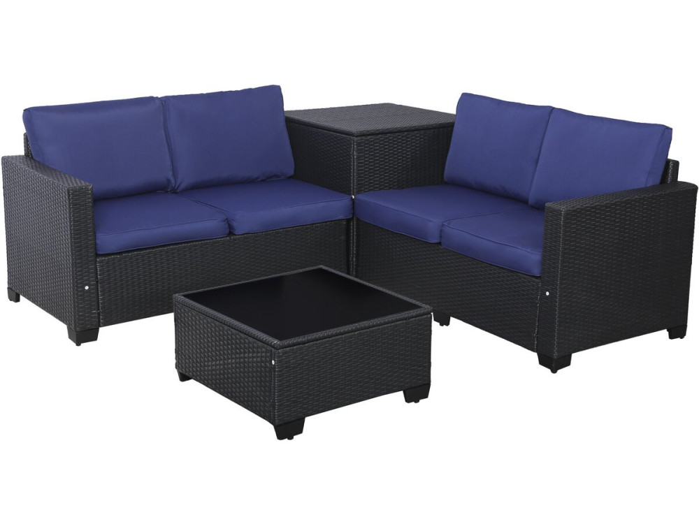 Riley" geweven tuinmeubelset van hars met opbergbox - 4 zits - Donkerblauw