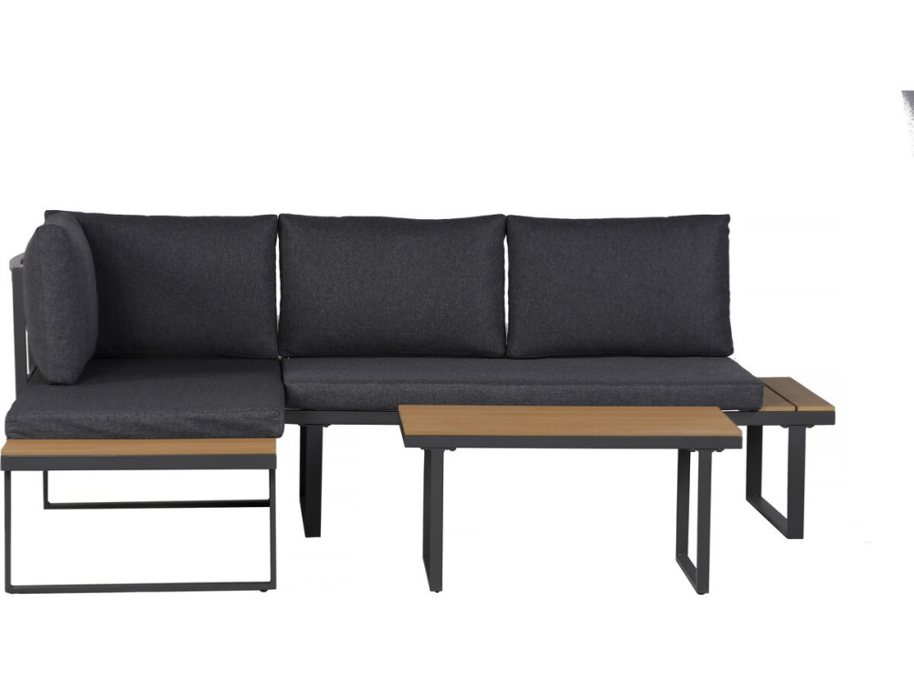 Tuinmeubelset, imitatiehouten hoekbank "Liora" - 4 zits - Grijs