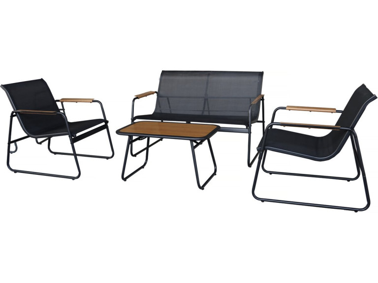 Metalen tuinset "Sparta" met imitatiehoutdecor - 4 zits - Zwart