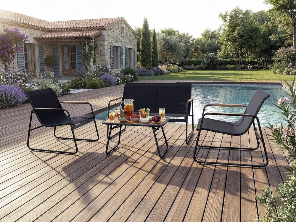 Metalen tuinset "Sparta" met imitatiehoutdecor - 4 zits - Zwart