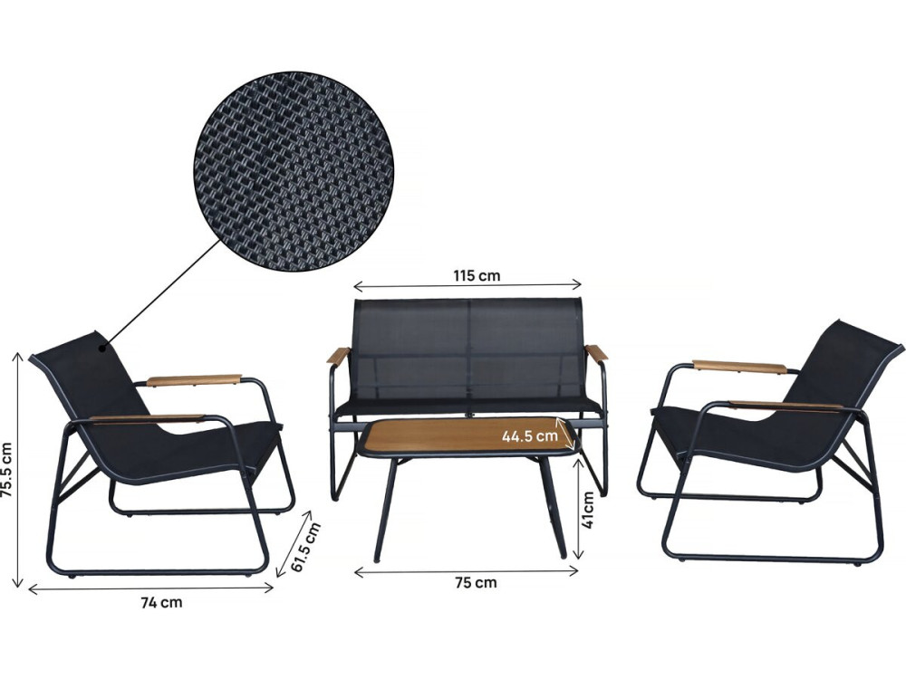 Metalen tuinset "Sparta" met imitatiehoutdecor - 4 zits - Zwart