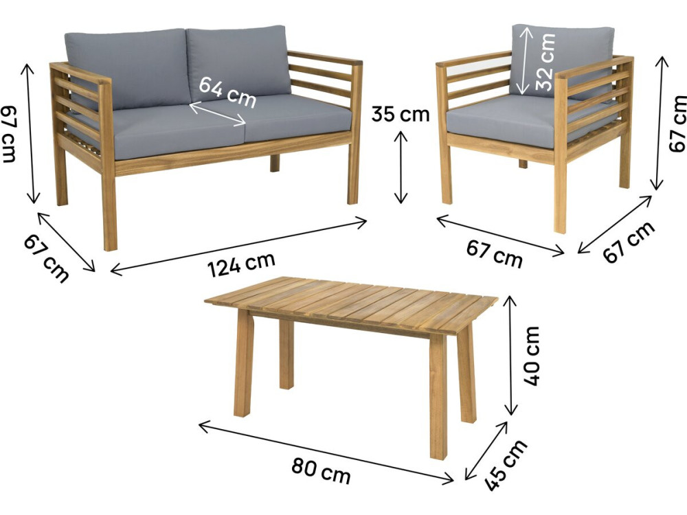 Houten tuinset met kussens "Beckham" - 4 zits - Grijs