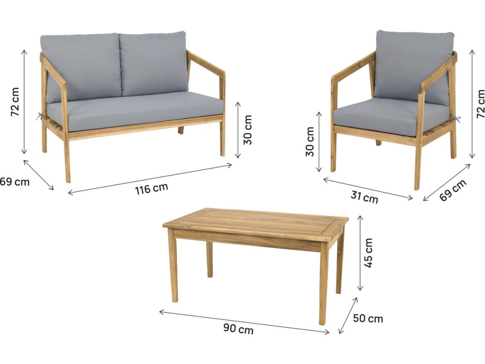 Presley" houten tuinset met kussens - 4 zits - Grijs