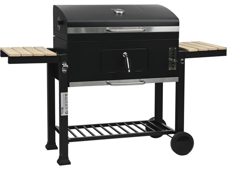 Marquis" houtskoolbarbecue met zijplanken en verstelbare grillroosters - Zwart