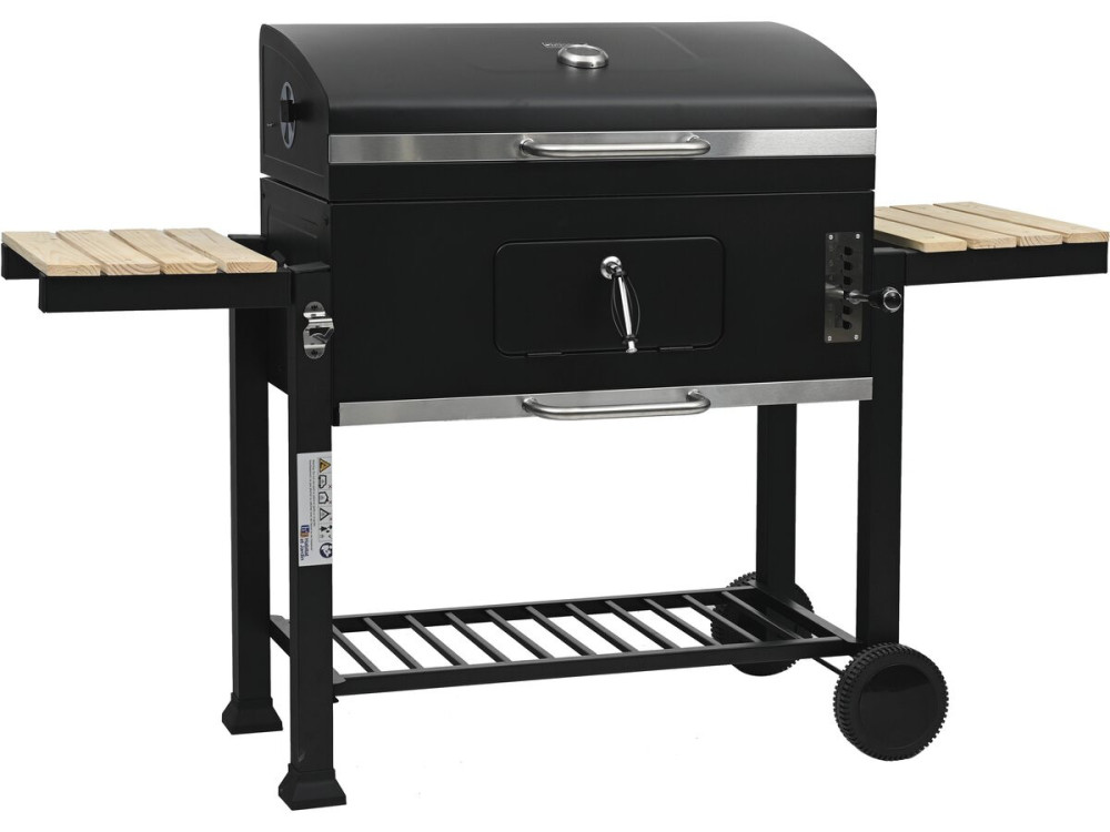 Marquis" houtskoolbarbecue met zijplanken en verstelbare grillroosters - Zwart