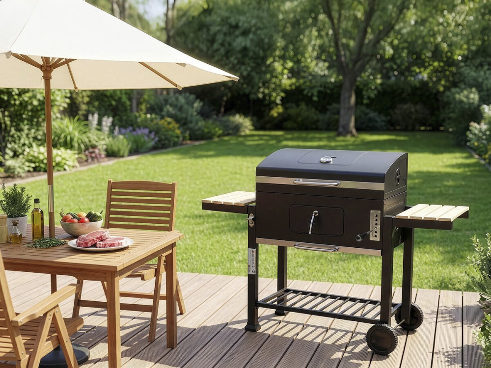 Marquis" houtskoolbarbecue met zijplanken en verstelbare grillroosters - Zwart