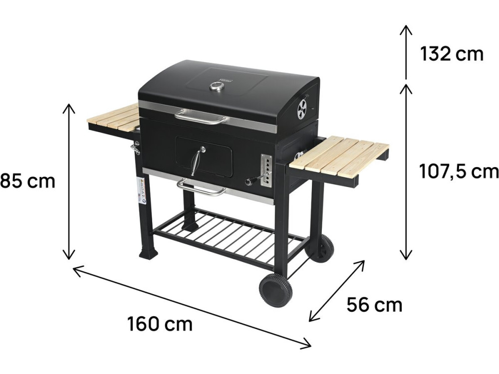 Marquis" houtskoolbarbecue met zijplanken en verstelbare grillroosters - Zwart