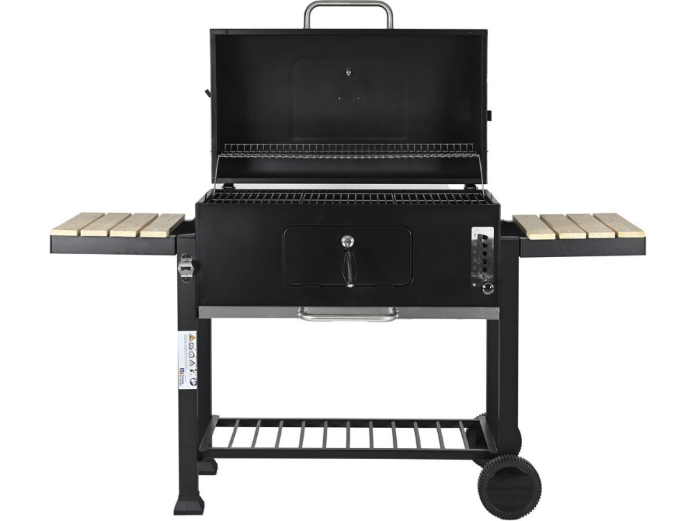 Marquis" houtskoolbarbecue met zijplanken en verstelbare grillroosters - Zwart