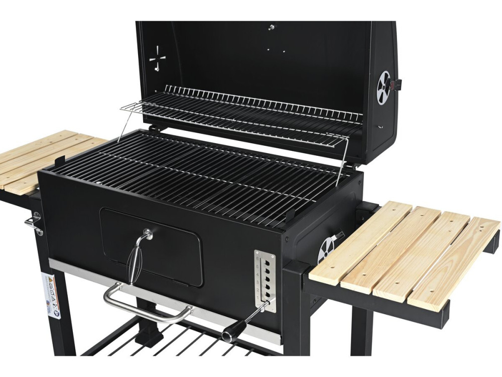 Marquis" houtskoolbarbecue met zijplanken en verstelbare grillroosters - Zwart