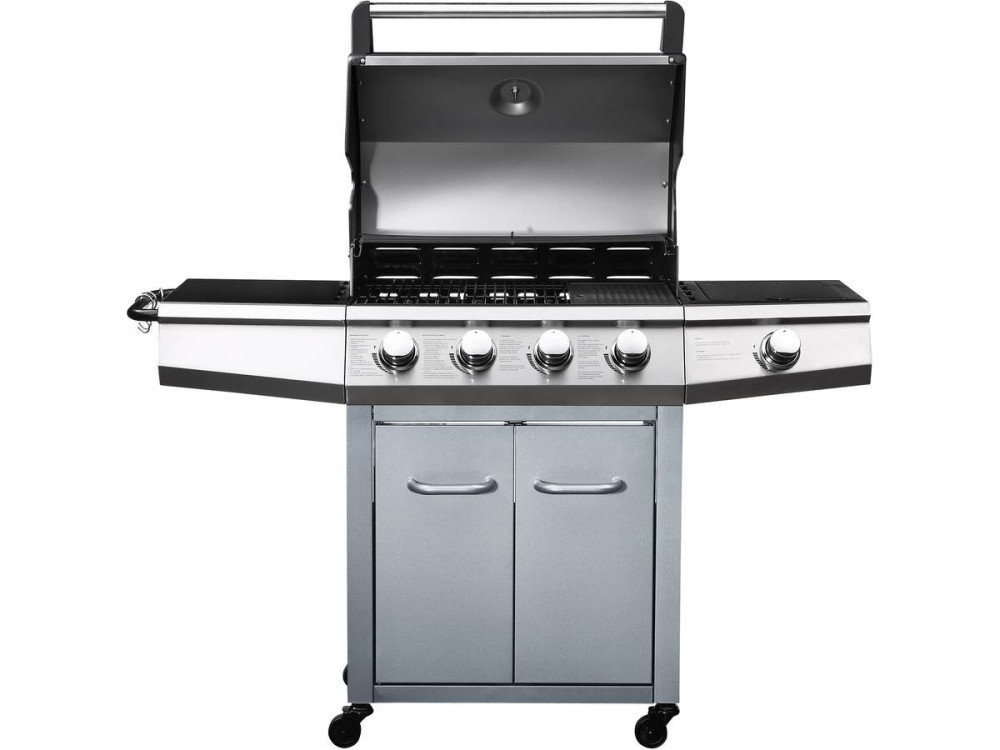 Gas BBQ gasbarbecue barbecue met led "Bingo 5" - 5 branders waarvan 1 zijbrander - 15,2 kW + beschermhoes - Zilver