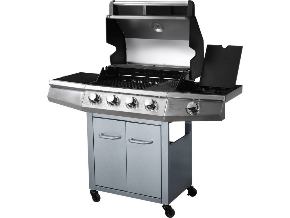 Gas BBQ gasbarbecue barbecue met led "Bingo 5" - 5 branders waarvan 1 zijbrander - 15,2 kW + beschermhoes - Zilver