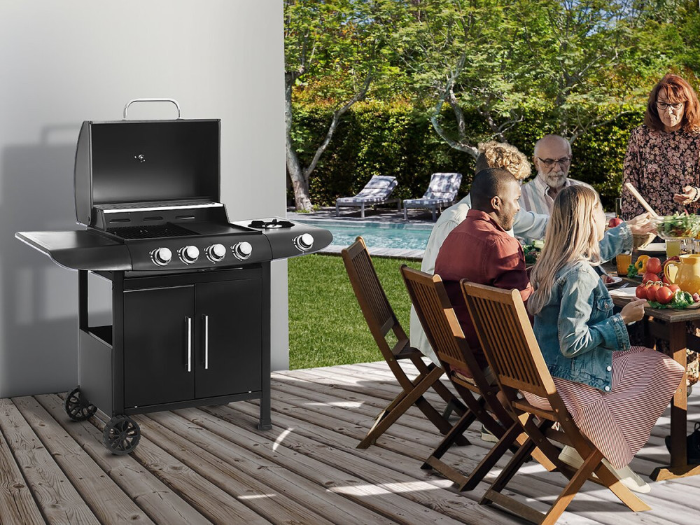 Gas BBQ gasbarbecue barbecue "Feria 5" - 5 branders waarvan 1 zijbrander - 14,5 kW - Zwart