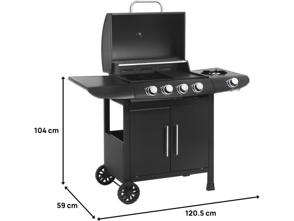 Gas BBQ gasbarbecue barbecue "Feria 5" - 5 branders waarvan 1 zijbrander - 14,5 kW - Zwart