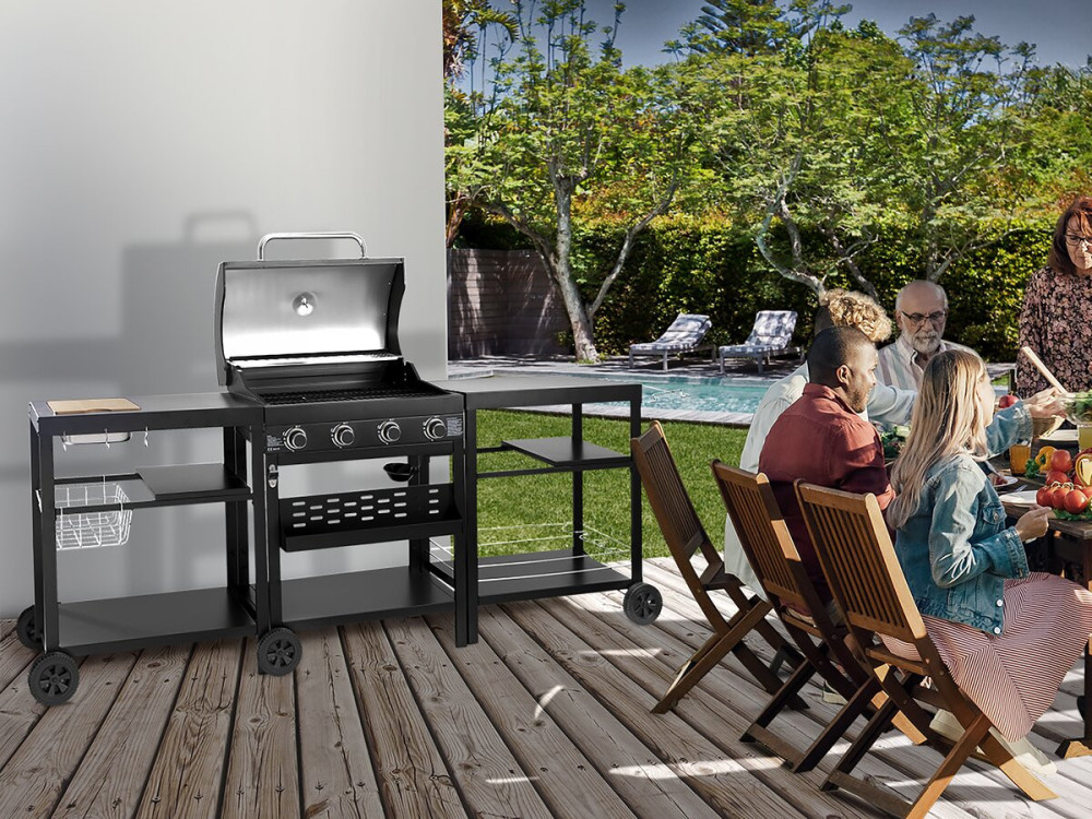 Gas BBQ gasbarbecue barbecue outdoor keuken - 12 kW - 4 branders - Zwart