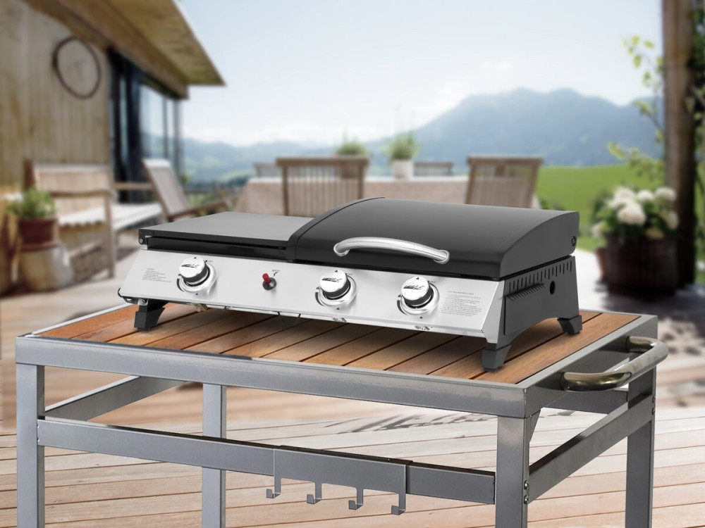 Plancha gas bbq gasgrill bakplaat met deksel "Rasio" - 7,5 kW - 3 branders - Zwart