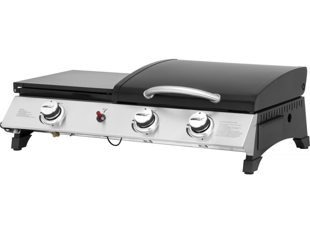 Plancha gas bbq gasgrill bakplaat met deksel "Rasio" - 7,5 kW - 3 branders - Zwart