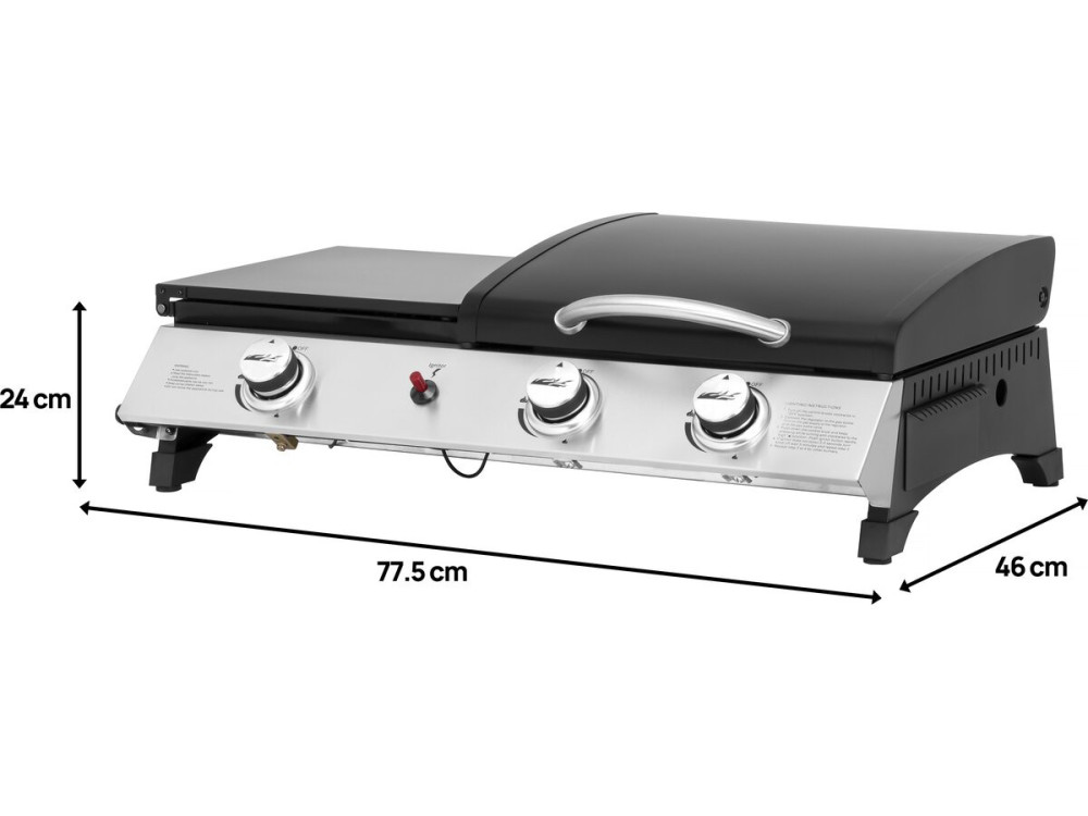 Plancha gas bbq gasgrill bakplaat met deksel "Rasio" - 7,5 kW - 3 branders - Zwart