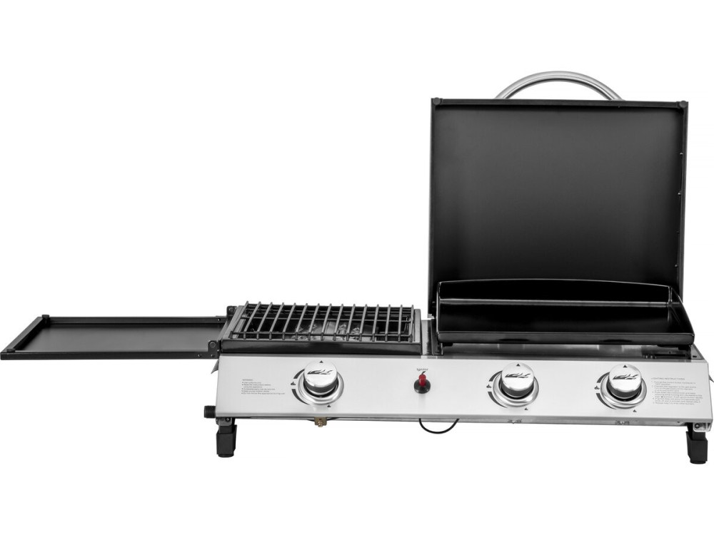 Plancha gas bbq gasgrill bakplaat met deksel "Rasio" - 7,5 kW - 3 branders - Zwart
