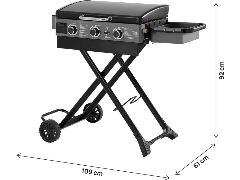 Plancha à gaz avec chariot pliable et portable "Firo" - 7,5 kw - Zwart