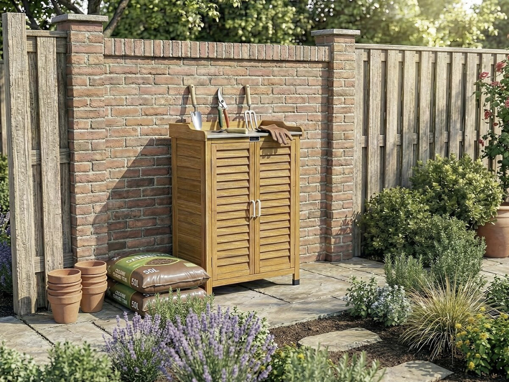 Houten tuinkast "Alexia" met wielen - 66 x 41 x 101 cm - Bruin