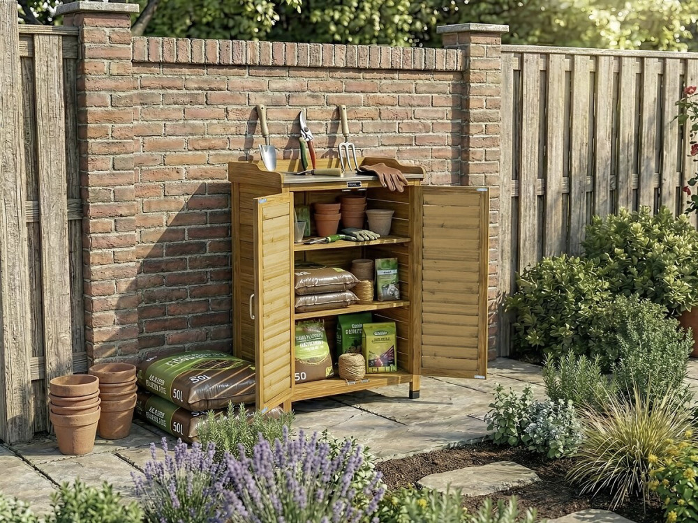 Houten tuinkast "Alexia" met wielen - 66 x 41 x 101 cm - Bruin