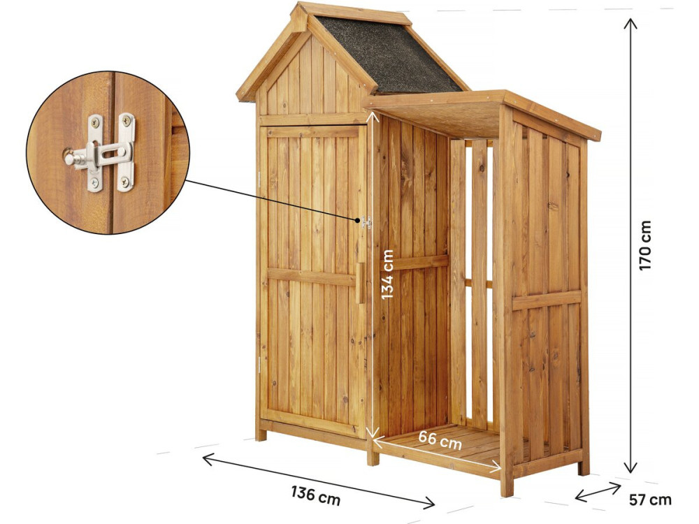 Houten tuinkast "Noé" met houtopslag - 136 x 57 x 170 cm - Bruin