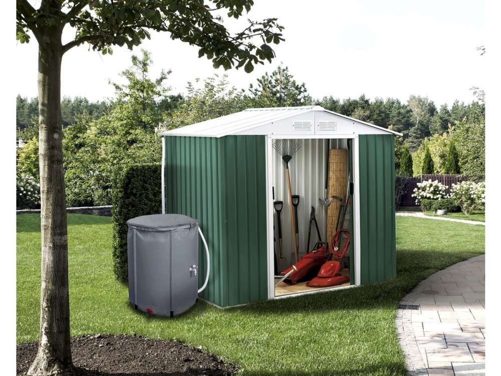 Tuinhuisje metaal - "Rosas " - 4,07 m² met goot en regenton waterreservoir - Groen