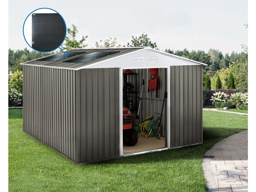 Tuinhuisje metaal "Dallas" - 12,99 m² met zonnepanelen - Taupe - grijs bruin