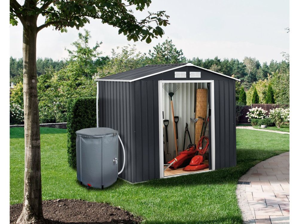 Tuinhuisje metaal- "Vegas"- 2,7 m² met goot en regenton waterreservoir - Grijs